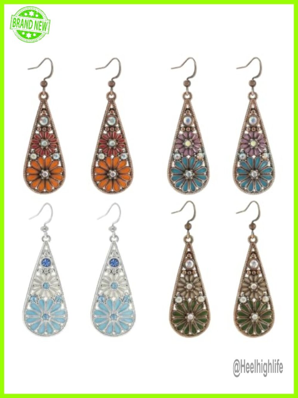 Boho Teardrop Dangle Earrings Set Crystal Floral Statement 4 Pairs